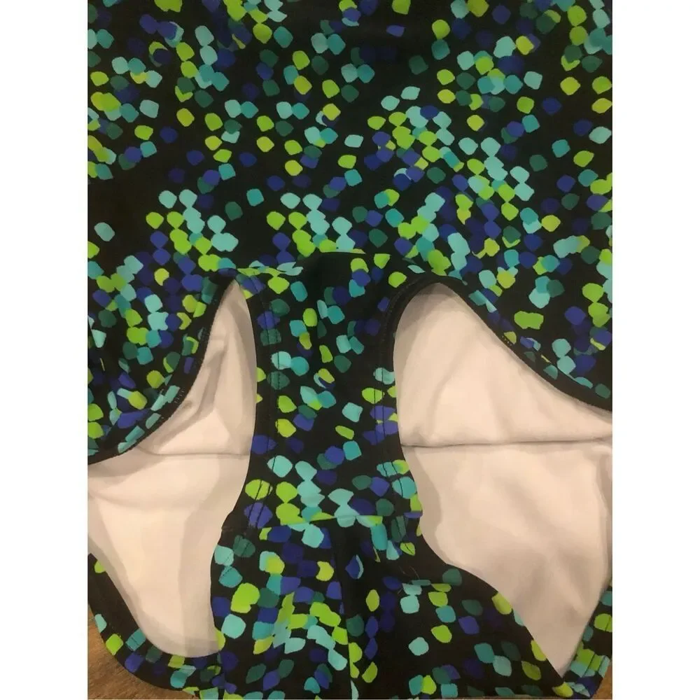 Speedo classic racerback swimsuit with a vibrant blue and green patterned print